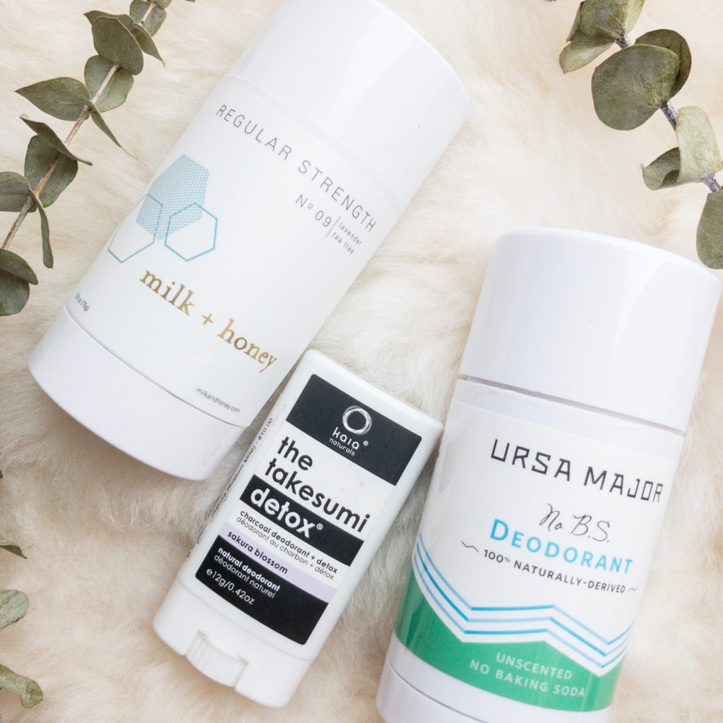 Image of three natural, non-toxic deodorant brands - Milk + Honey, The Takesumi Detox, and Ursa Major.