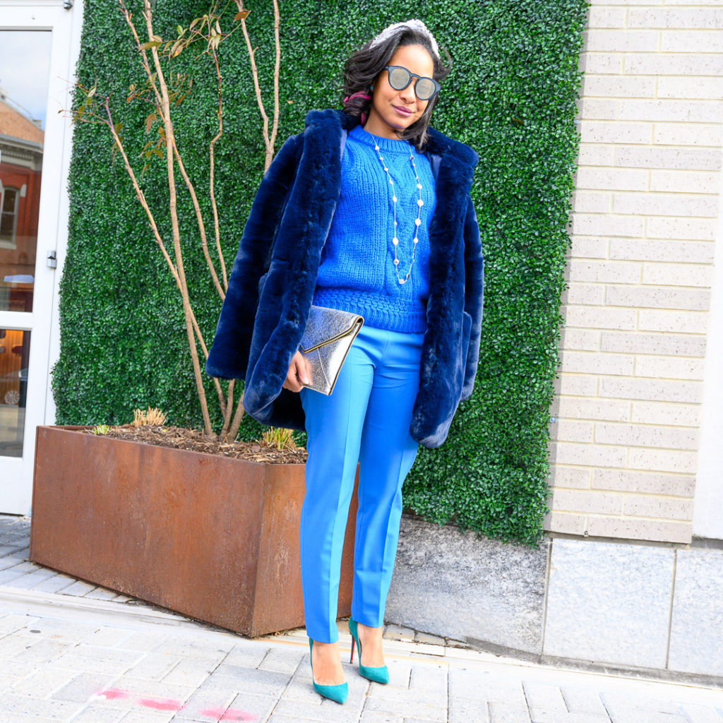 Outfit in head-to-toe blue tones