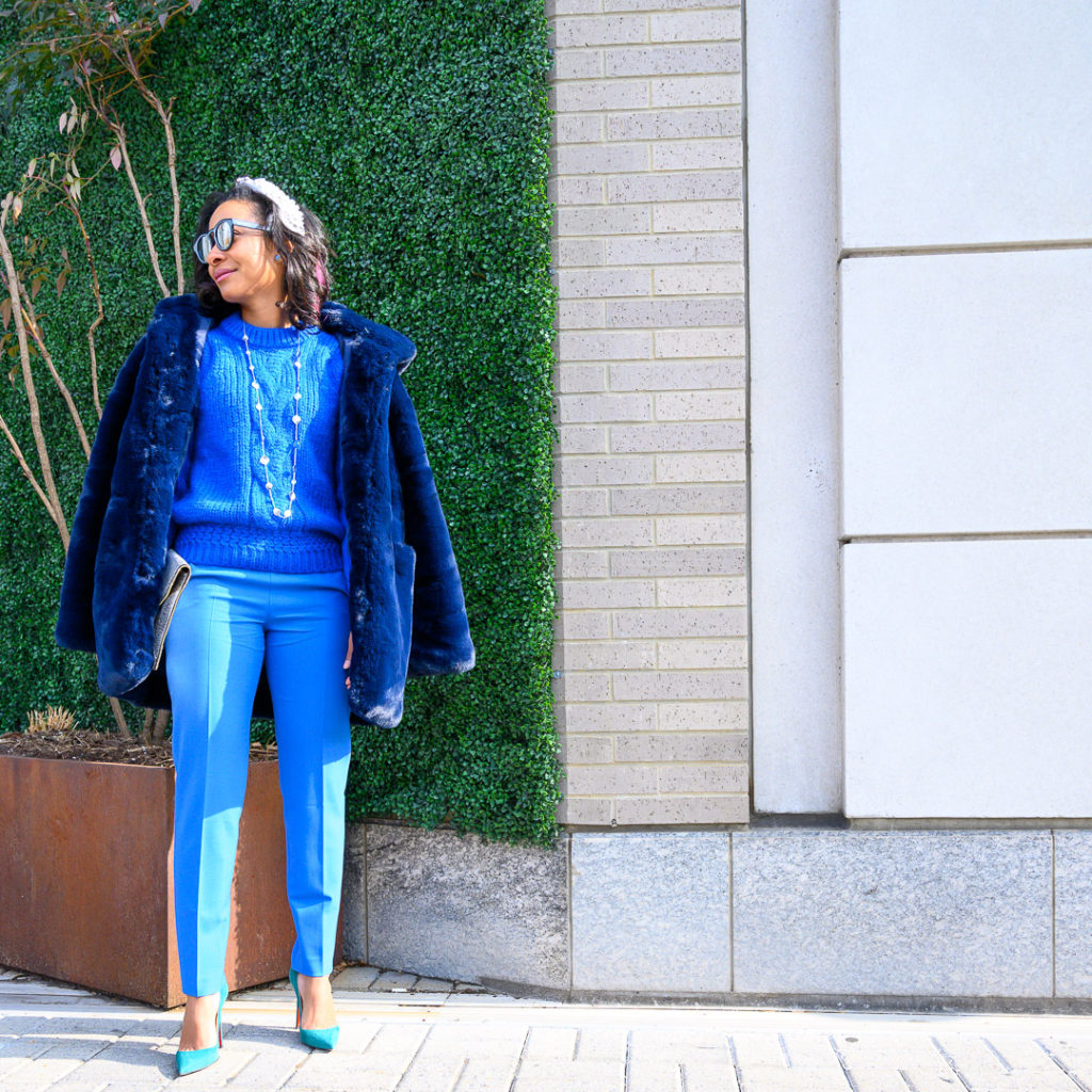 Many tones of blue outfit from head-to-toe